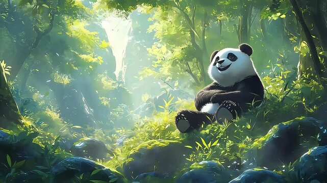 Playful panda resting in a vibrant, sunlit forest.