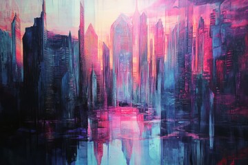 Obraz premium Abstract Cityscape Painting Showing Vibrant Hues at Sunset