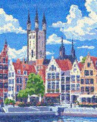 Fototapeta premium Kortrijk Belgium Travel Poster Flat Illustration Print Decor Gift Canvas Wall Art Vector Pointillism