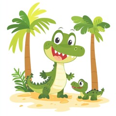 Naklejka premium Two green crocodiles stand near palm trees on sand, for kids' books or products