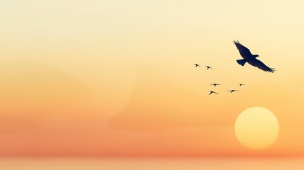 Obraz premium Majestic Sunset with Silhouetted Birds Flying Over Calm Waters at the Horizon