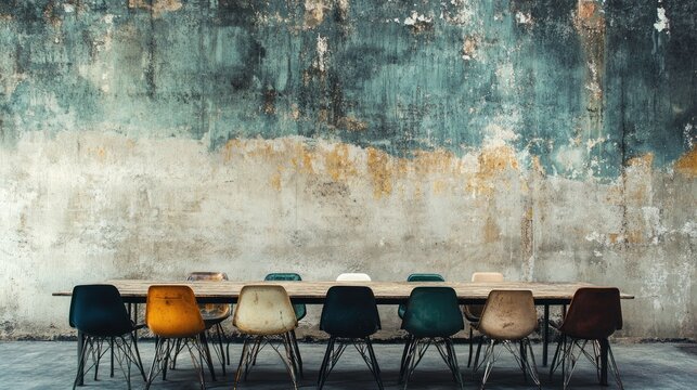 Vintage chairs around long table against grunge wall.