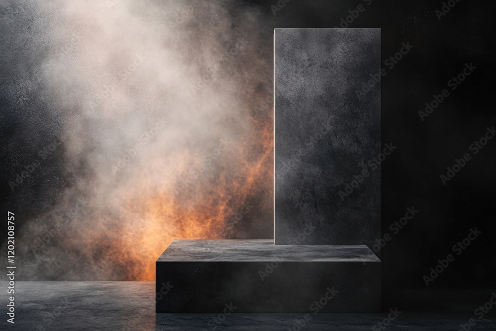 Poster empty black concrete product display podium in studio with smoke and orange lights