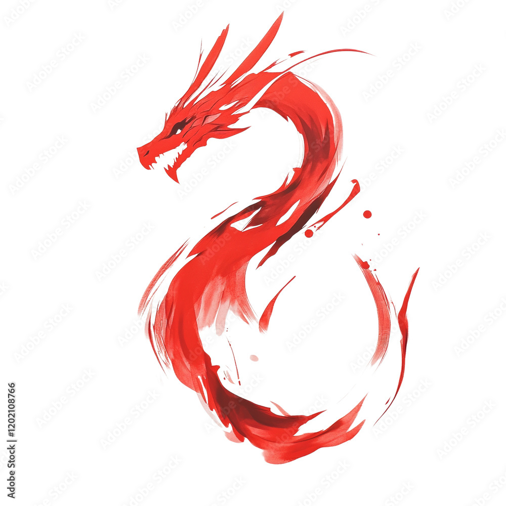 Poster an abstract painting depicts a red dragon in a swirling dynamic pose against a white background.