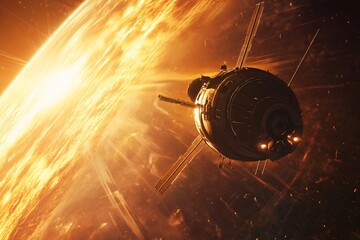 Spacecraft near glowing star in deep space, fiery cosmic scene