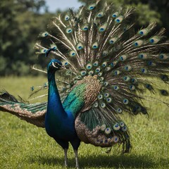 "A regal peacock flying above a tranquil meadow, its long, shimmering tail feathers fanning out in the air."