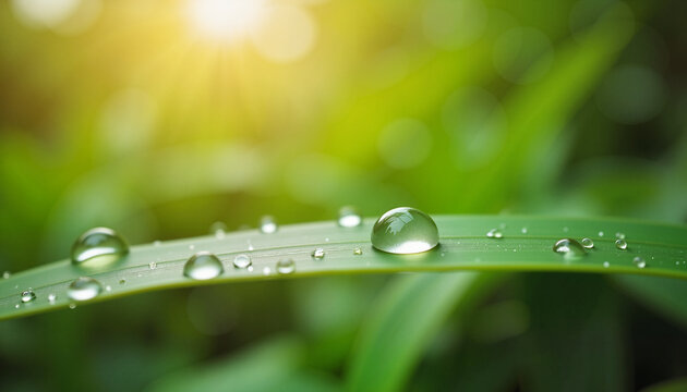 Serene water droplet resting on leaf in morning light, nature tranquility