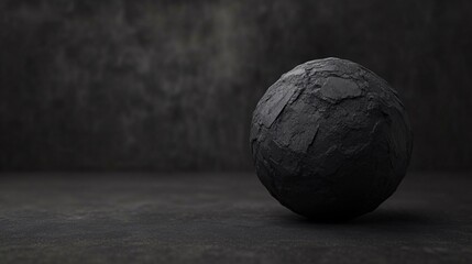 Black textured sphere standing on dark background with copy space