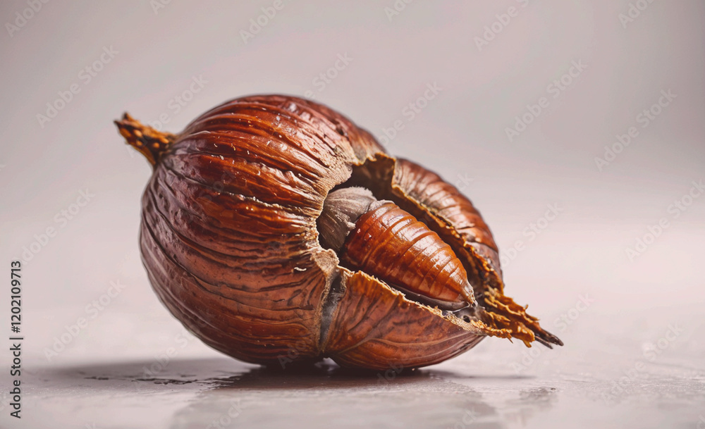 Aufkleber A nut is shown in its shell, with the shell still intact. The nut is brown and has a slightly wrinkled texture. Concept of curiosity and wonder, as the viewer is left to imagine what lies inside the