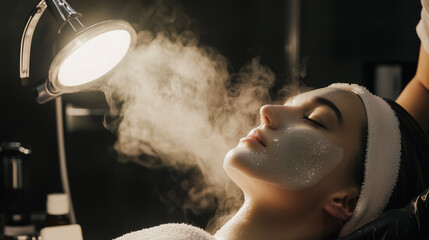 a woman receiving a facial steam treatment.  She has her eyes closed and a mask on her face as the steam envelops her. The warm glow of the light illuminates the room.  