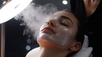 Woman receiving a facial steam treatment.  A white facial mask covers her face as steam gently envelops her. Her eyes are closed, suggesting relaxation and rejuvenation.