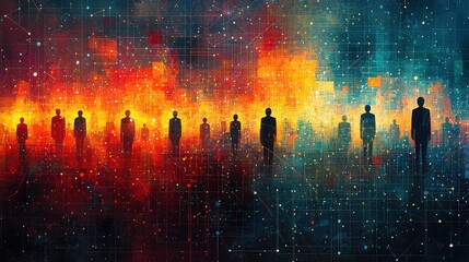 Silhouetted figures stand against a vibrant backdrop of interconnected lines and glowing lights. Perfect for visualizing networks, technology, or human connection.