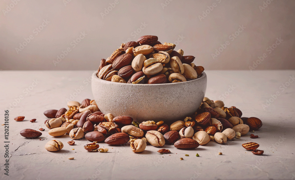 Poster A bowl of mixed nuts is piled on a table. The nuts include almonds, cashews, and peanuts. The bowl is overflowing with nuts, creating a sense of abundance and variety. The image conveys a feeling of