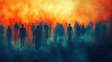 Silhouetted figures walk towards a fiery, ethereal light. A network of lines connects them, suggesting a shared destiny or digital connection. Suitable for themes of afterlife, technology, or the unkn