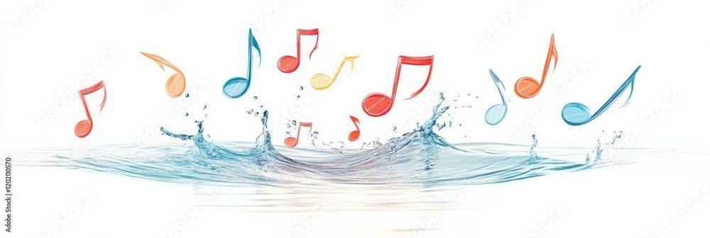 Poster Colorful music notes are splashing and creating waves in refreshing, crystal clear water, representing the dynamic and fluid nature of music and sound