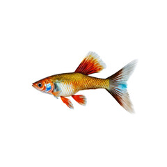 Obraz premium Golden Guppy: A vibrantly colored male guppy with orange, red and blue hues displays its stunning finnage in a close-up shot. Its scales shimmer and reflect the light.
