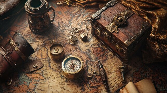 Antique compass, treasure chest, and map.