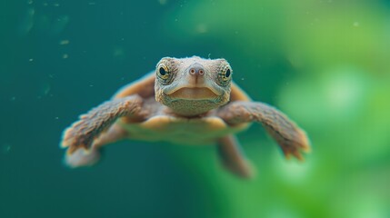 Obraz premium A baby turtle is swimming in a tank