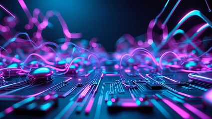 Abstract Electronic Circuit Board with Glowing Wires in Neon Pink and Blue
