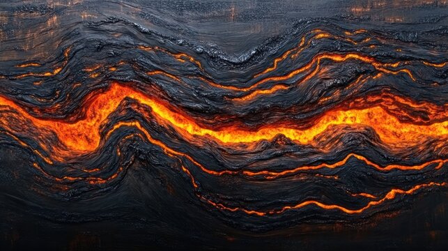 Molten lava flowing through dark, solidified volcanic rock.