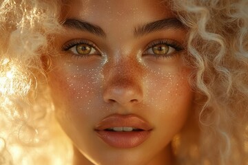 ethereal portrait of woman with cascading pearl-white curls, dewy skin with golden hour glow, soft bokeh background, luxury beauty photography