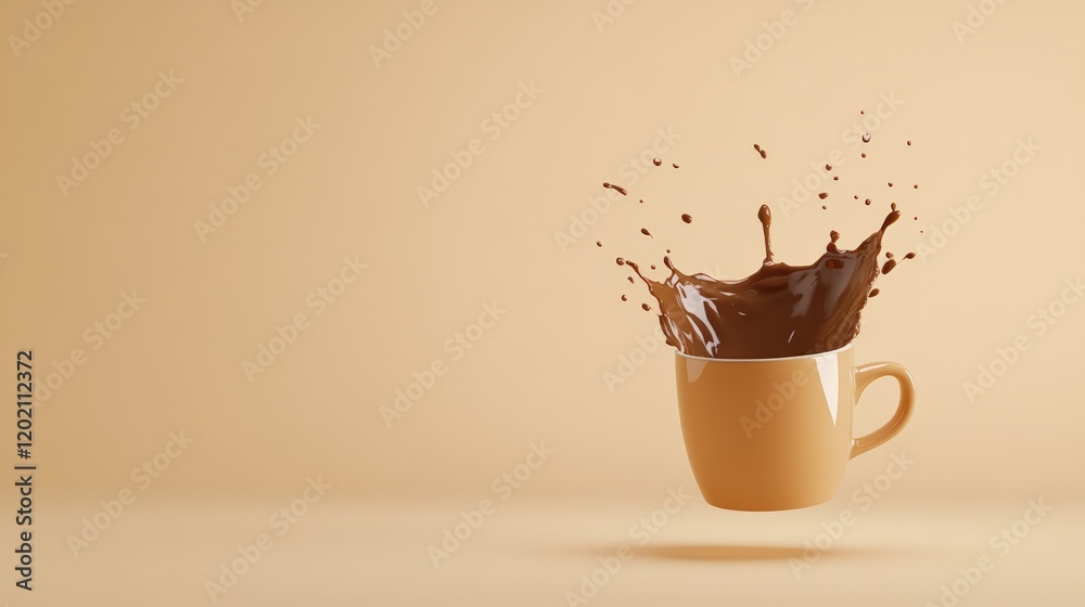 Poster Levitating cup overflows with a splash of delicious hot chocolate, creating a dynamic and visually appealing scene against a warm beige background