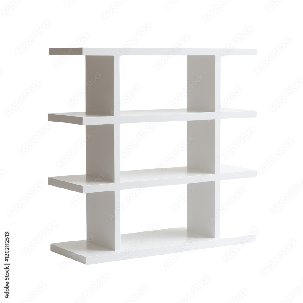 Poster a minimalist white shelving unit with three shelves and multiple cubbies is shown against a white ba