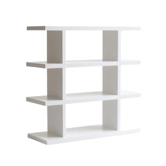 A minimalist white shelving unit with three shelves and multiple cubbies is shown against a white background.
