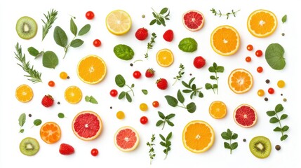 Healthy eating background / studio photography of different fruits and vegetables isoleted on white backdrop, top view. High resolution product.