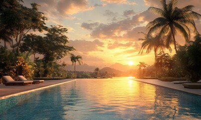 Tropical Sunset Over Infinity Pool with Palm Trees and Mountain Views at Dusk