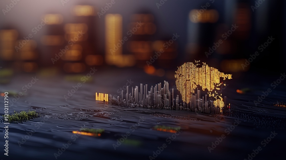 Poster digital representation of world map with data visualization elements on abstract background