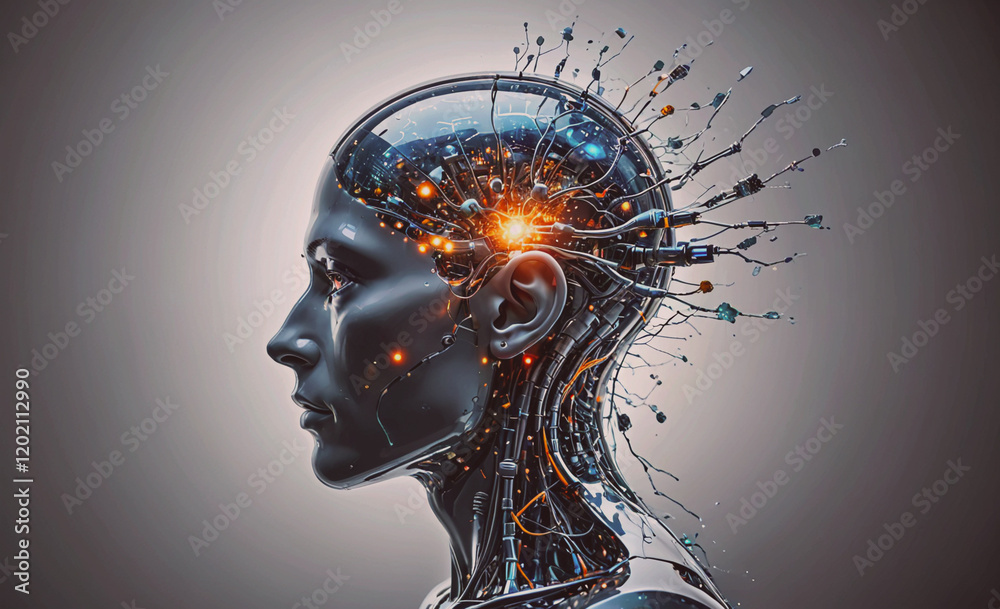 Aufkleber A woman's head is shown with a lot of wires and circuitry. The image is a representation of the brain and its complex network of neurons. Scene is one of curiosity and wonder