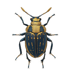 The image showcases a meticulously detailed macro photograph of a striking blue and gold beetle, its vibrant colors and intricate patterns clearly visible.