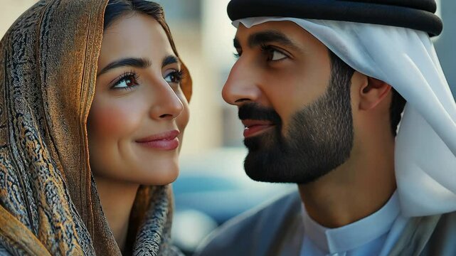A Dubai-based man and lady talking while wearing kandura and an abaya.