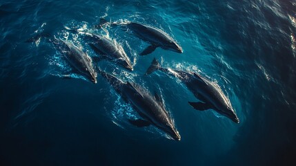 Fototapeta premium Ocean's Majesty: Five Humpback Whales Gracefully Swimming in the Deep Blue