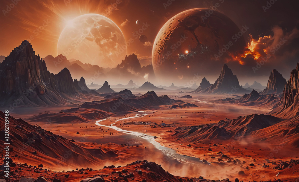 Poster a desolate landscape with two large planets in the background and a river in the foreground. the sce
