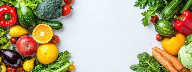 Healthy eating background / studio photography of different fruits and vegetables isoleted on white backdrop, top view. High resolution product.