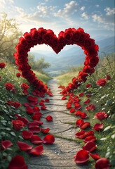 Path of Love: A romantic and enchanting pathway adorned with a magnificent heart-shaped arch of vibrant red roses leads through a picturesque landscape.