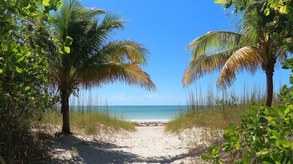 Serene tropical beach with clear skies, lush greenery, and palm trees
