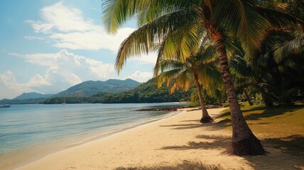 Fototapeta premium Tropical beach with palm trees, mountains, and calm blue waters