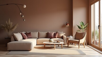Fototapeta premium Luxurious living room with warm Mocha mousse color scheme 2025 trend Brown walls, light gray living room interior. Cement blank background for art