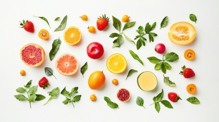 Healthy eating background / studio photography of different fruits and vegetables isoleted on white backdrop, top view. High resolution product.
