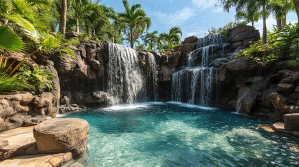 Naklejka premium Tropical waterfall cascading into clear, serene pool surrounded by lush greenery