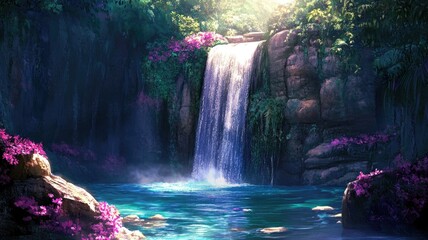 Stunning waterfall cascading into pristine, turquoise pool surrounded by lush green foliage and vibrant purple flowers