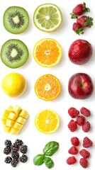 Naklejka premium Healthy eating background / studio photography of different fruits and vegetables isoleted on white backdrop, top view. High resolution product.