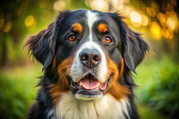 A charming Bernese Mountain Dog puppy portrait: upward gaze, soulful eyes, pure doggy adorableness.