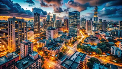 Fototapeta premium A captivating night cityscape wallpaper: city lights blaze against the dark, creating an urban dreamscape.