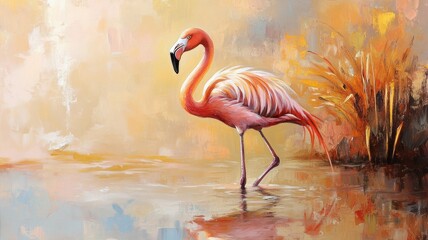 Flamingo stands in shallow water beside tall grass colorful, abstract painting