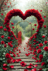 Enchanted Rose Arch: Step into a fairytale world through a heart-shaped archway formed by vibrant red roses, leading to a charming red door in a lush, misty garden.