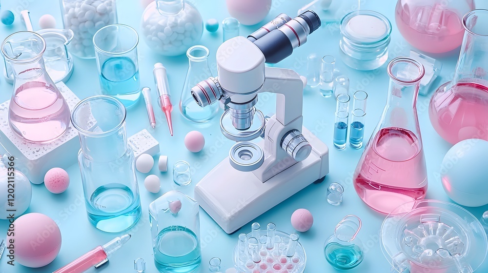 Wall mural and minimalist flat lay composition of a science lab featuring a microscope flasks and test tubes in